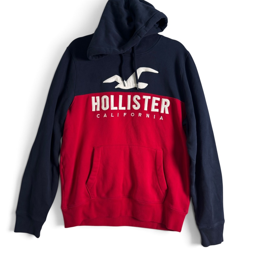 Hollister California Hoodie Large Navy Red Colorblock Embroidered Y2K Pullover